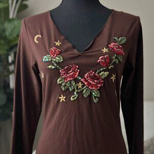 Womens Cruel Girl Brown Embroidered Sequin Embellished Shirt M Medium BEAUTIFUL
